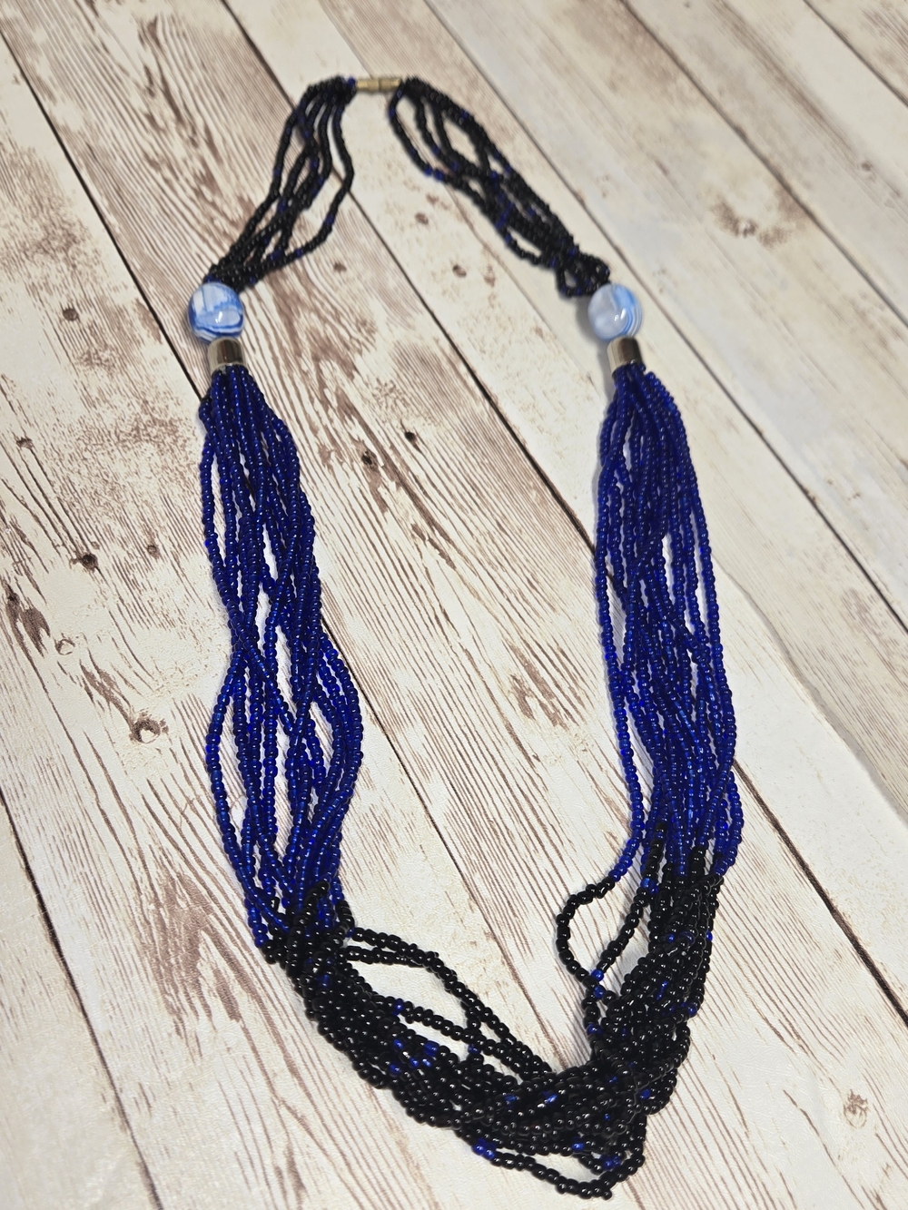Vintage Blue & Black Multi Strand Beaded Necklace Statement Boho